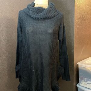 Alya Black loose knit shirt tail hem Hi-Lo cowl neck ruffle‎ hem tunic sweater